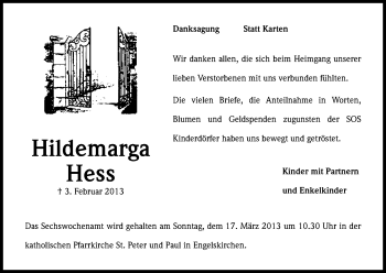 Anzeige von Hildemarga Hess von Kölner Stadt-Anzeiger / Kölnische Rundschau / Express