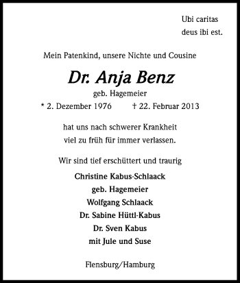 Anzeige von Anja Benz von Kölner Stadt-Anzeiger / Kölnische Rundschau / Express