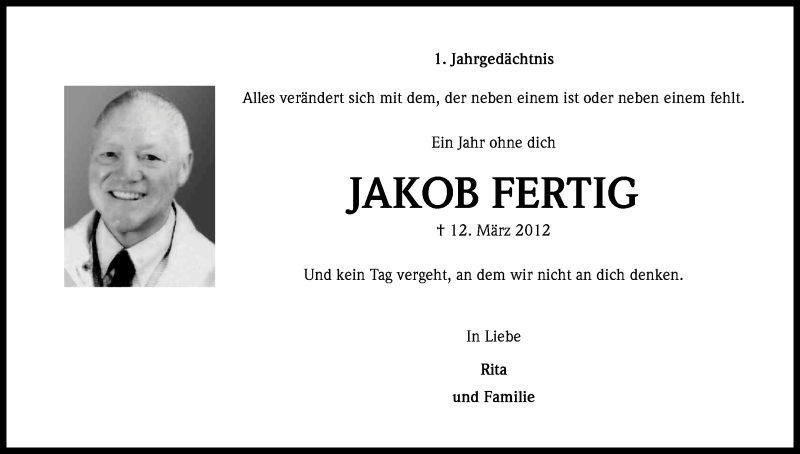  Traueranzeige für Jakob Fertig vom 12.03.2013 aus Kölner Stadt-Anzeiger / Kölnische Rundschau / Express