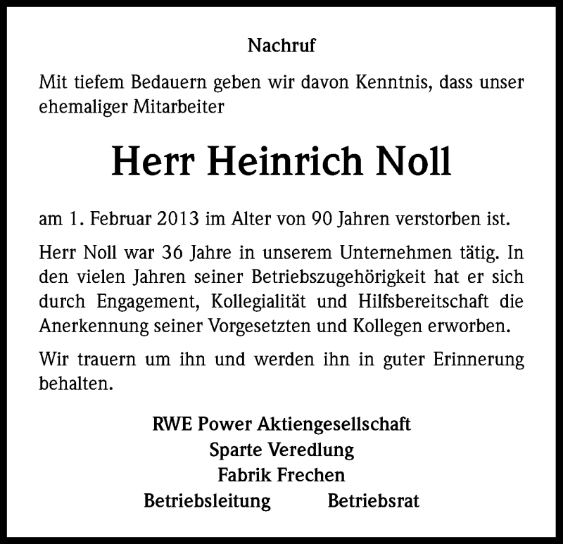  Traueranzeige für Heinrich Noll vom 28.02.2013 aus Kölner Stadt-Anzeiger / Kölnische Rundschau / Express