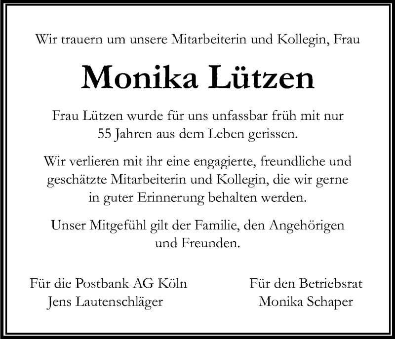  Traueranzeige für Monika Lützen vom 28.02.2013 aus Kölner Stadt-Anzeiger / Kölnische Rundschau / Express