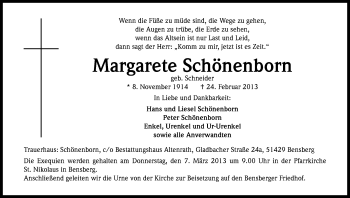 Anzeige von Margarete Schönenborn von Kölner Stadt-Anzeiger / Kölnische Rundschau / Express