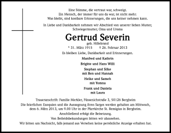Anzeige von Gertrud Severin von Kölner Stadt-Anzeiger / Kölnische Rundschau / Express