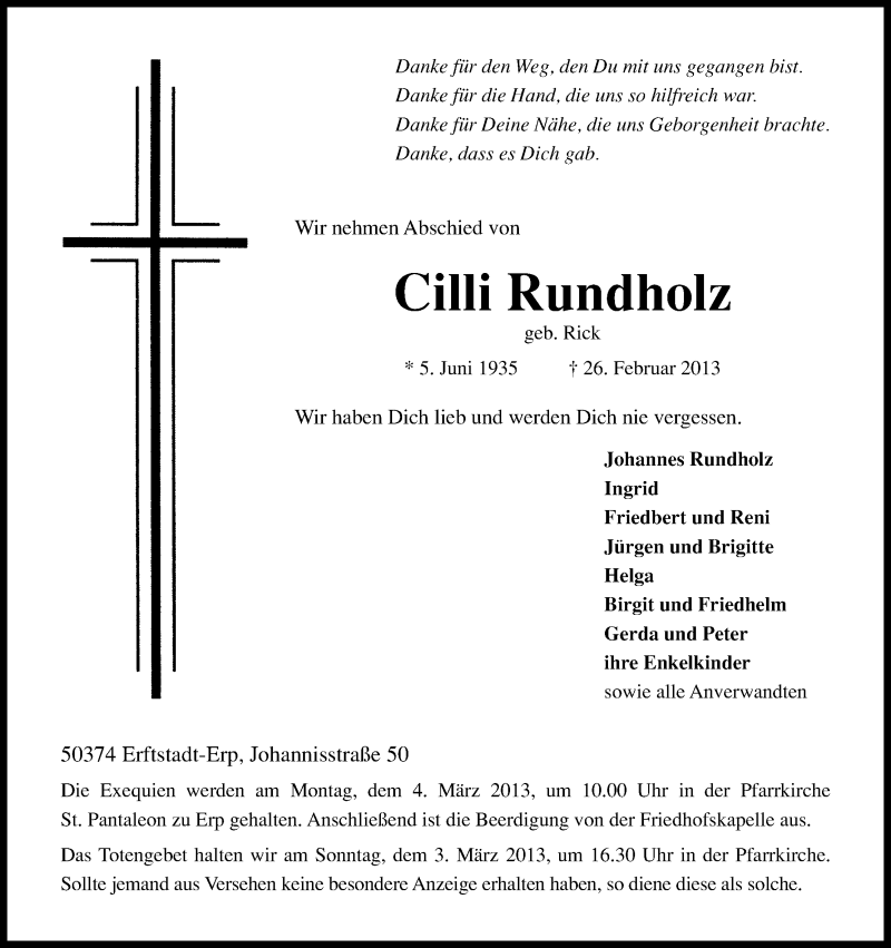  Traueranzeige für Cilli Rundholz vom 28.02.2013 aus Kölner Stadt-Anzeiger / Kölnische Rundschau / Express