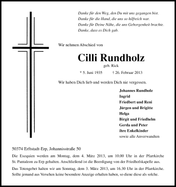 Anzeige von Cilli Rundholz von Kölner Stadt-Anzeiger / Kölnische Rundschau / Express