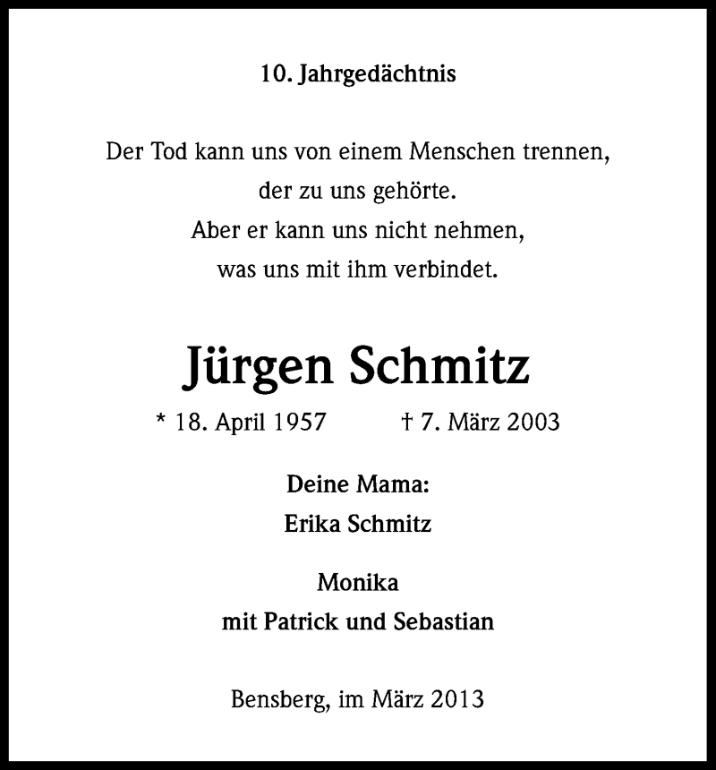  Traueranzeige für Jürgen Schmitz vom 07.03.2013 aus Kölner Stadt-Anzeiger / Kölnische Rundschau / Express