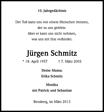 Anzeige von Jürgen Schmitz von Kölner Stadt-Anzeiger / Kölnische Rundschau / Express