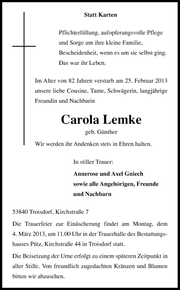 Anzeige von Carola Lemke von Kölner Stadt-Anzeiger / Kölnische Rundschau / Express