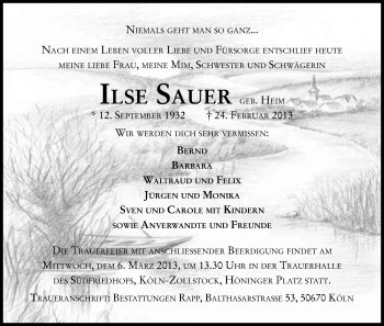 Anzeige von Ilse Sauer von Kölner Stadt-Anzeiger / Kölnische Rundschau / Express