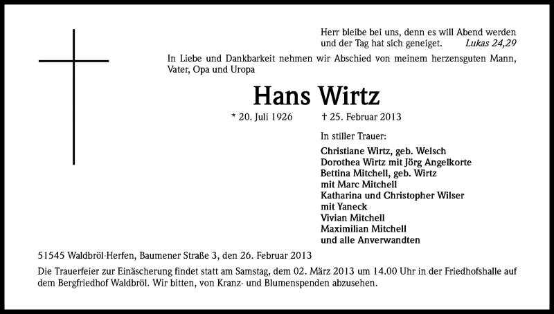  Traueranzeige für Hans Wirtz vom 28.02.2013 aus Kölner Stadt-Anzeiger / Kölnische Rundschau / Express