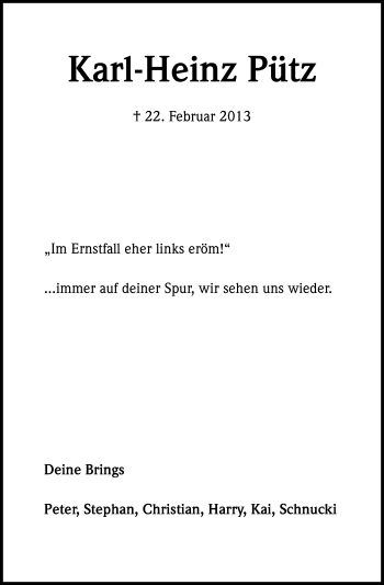 Anzeige von Karl-Heinz Pütz von Kölner Stadt-Anzeiger / Kölnische Rundschau / Express