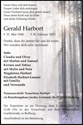 Anzeige von Gerald Harbort von Kölner Stadt-Anzeiger / Kölnische Rundschau / Express