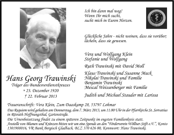 Anzeige von Hans Georg Trawinski von Kölner Stadt-Anzeiger / Kölnische Rundschau / Express