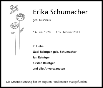 Anzeige von Erika Schumacher von Kölner Stadt-Anzeiger / Kölnische Rundschau / Express