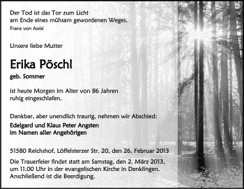 Anzeige von Erika Pöschl von Kölner Stadt-Anzeiger / Kölnische Rundschau / Express