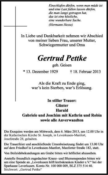 Anzeige von Gertrud Pettke von Kölner Stadt-Anzeiger / Kölnische Rundschau / Express