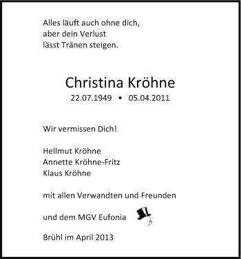 Anzeige von Christina Kröhne von Kölner Stadt-Anzeiger / Kölnische Rundschau / Express