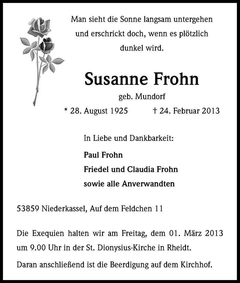  Traueranzeige für Susanne Frohn vom 28.02.2013 aus Kölner Stadt-Anzeiger / Kölnische Rundschau / Express