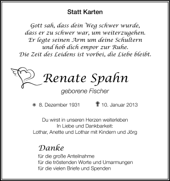 Anzeige von Renate Spahn von Kölner Stadt-Anzeiger / Kölnische Rundschau / Express