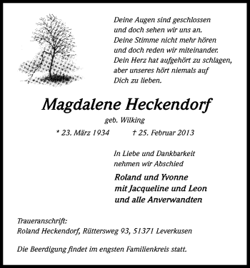 Anzeige von Magdalene Heckendorf von Kölner Stadt-Anzeiger / Kölnische Rundschau / Express