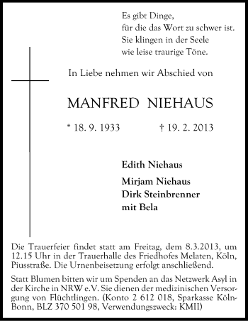 Anzeige von Manfred Niehaus von Kölner Stadt-Anzeiger / Kölnische Rundschau / Express