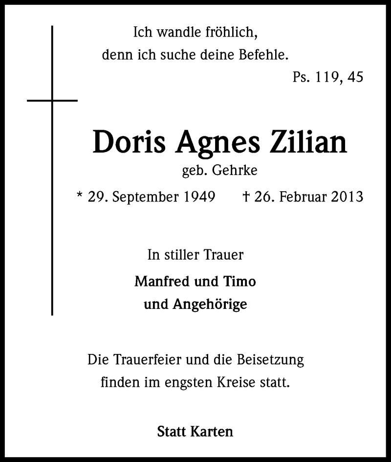  Traueranzeige für Doris Agnes Zilian vom 02.03.2013 aus Kölner Stadt-Anzeiger / Kölnische Rundschau / Express