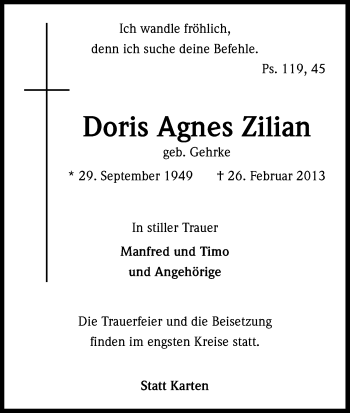Anzeige von Doris Agnes Zilian von Kölner Stadt-Anzeiger / Kölnische Rundschau / Express