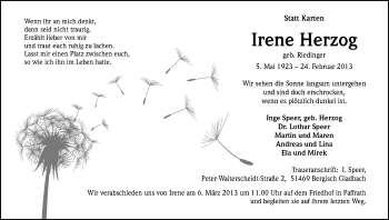 Anzeige von Irene Herzog von Kölner Stadt-Anzeiger / Kölnische Rundschau / Express