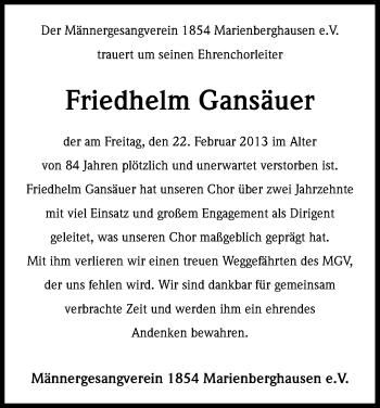 Anzeige von Friedhelm Gansäuer von Kölner Stadt-Anzeiger / Kölnische Rundschau / Express