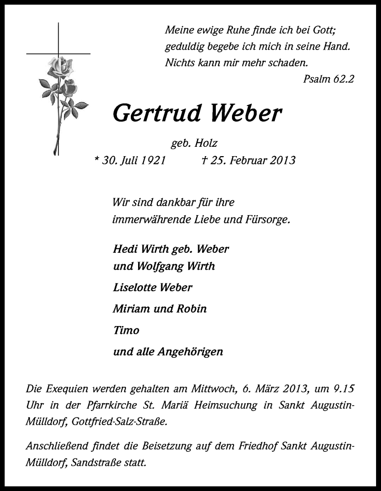  Traueranzeige für Gertrud Weber vom 01.03.2013 aus Kölner Stadt-Anzeiger / Kölnische Rundschau / Express