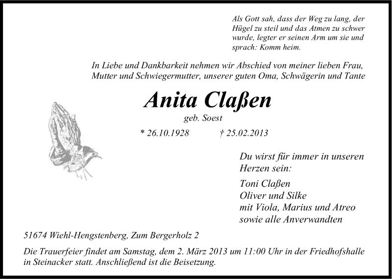  Traueranzeige für Anita Claßen vom 28.02.2013 aus Kölner Stadt-Anzeiger / Kölnische Rundschau / Express