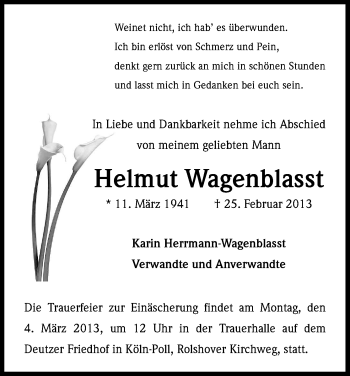 Anzeige von Helmut Wagenblasst von Kölner Stadt-Anzeiger / Kölnische Rundschau / Express