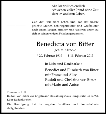 Anzeige von Benedicta von Bitter von Kölner Stadt-Anzeiger / Kölnische Rundschau / Express