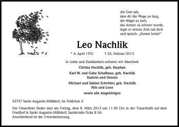 Anzeige von Leo Nachlik von Kölner Stadt-Anzeiger / Kölnische Rundschau / Express