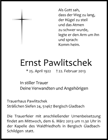 Anzeige von Ernst Pawlitschek von Kölner Stadt-Anzeiger / Kölnische Rundschau / Express