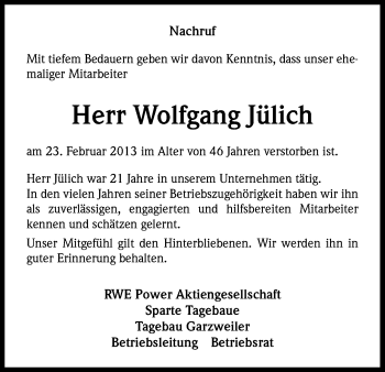 Anzeige von Wolfgang Jülich von Kölner Stadt-Anzeiger / Kölnische Rundschau / Express