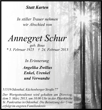 Anzeige von Annegret Schur von Kölner Stadt-Anzeiger / Kölnische Rundschau / Express