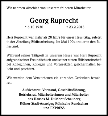 Anzeige von Georg Ruprecht von Kölner Stadt-Anzeiger / Kölnische Rundschau / Express