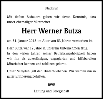 Anzeige von Werner Butza von Kölner Stadt-Anzeiger / Kölnische Rundschau / Express