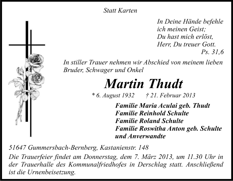  Traueranzeige für Martin Thudt vom 02.03.2013 aus Kölner Stadt-Anzeiger / Kölnische Rundschau / Express