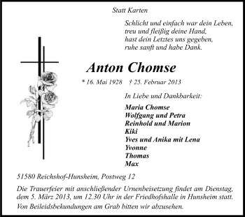 Anzeige von Anton Chomse von Kölner Stadt-Anzeiger / Kölnische Rundschau / Express