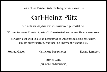 Anzeige von Karl-Heinz Pütz von Kölner Stadt-Anzeiger / Kölnische Rundschau / Express