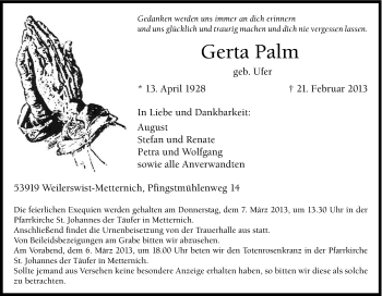 Anzeige von Gerta Palm von Kölner Stadt-Anzeiger / Kölnische Rundschau / Express