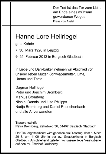 Anzeige von Hanne Lore Hellriegel von Kölner Stadt-Anzeiger / Kölnische Rundschau / Express