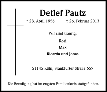 Anzeige von Detlef Pautz von Kölner Stadt-Anzeiger / Kölnische Rundschau / Express