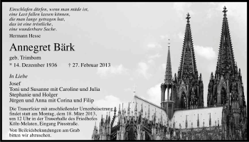 Anzeige von Annegret Bärk von Kölner Stadt-Anzeiger / Kölnische Rundschau / Express