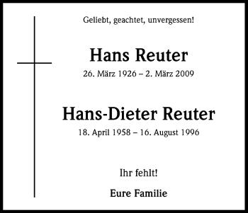 Anzeige von Hans und Hans-Dieter Reuter von Kölner Stadt-Anzeiger / Kölnische Rundschau / Express