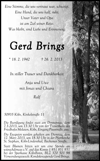 Anzeige von Gerd Brings von Kölner Stadt-Anzeiger / Kölnische Rundschau / Express