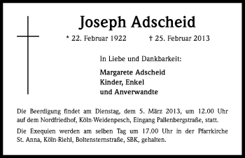 Anzeige von Joseph Adscheid von Kölner Stadt-Anzeiger / Kölnische Rundschau / Express