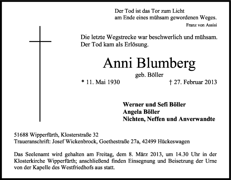  Traueranzeige für Anni Blumberg vom 02.03.2013 aus Kölner Stadt-Anzeiger / Kölnische Rundschau / Express